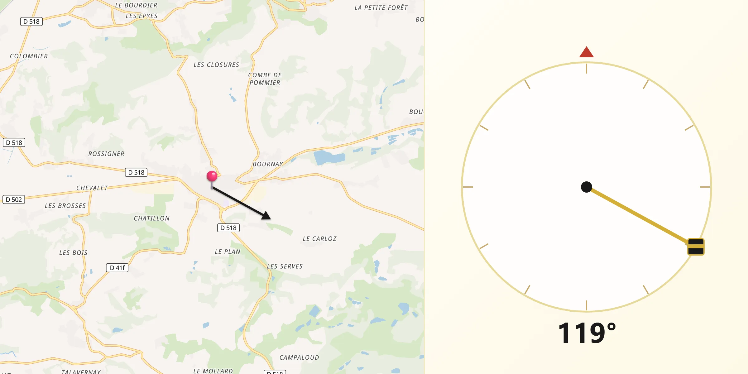 Direction vers la Qibla depuis Saint-Jean-de-Bournay