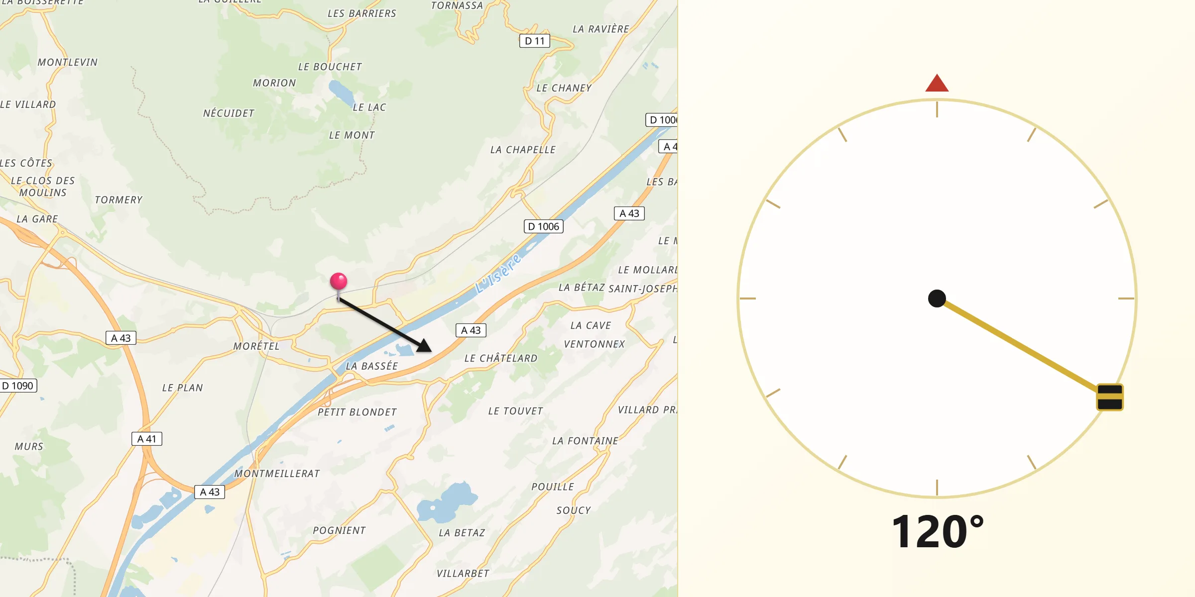 Direction vers la Qibla depuis Montmélian