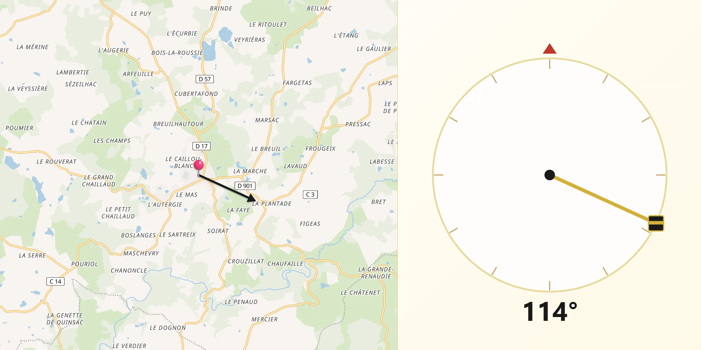 Direction vers la Qibla depuis Coussac-Bonneval