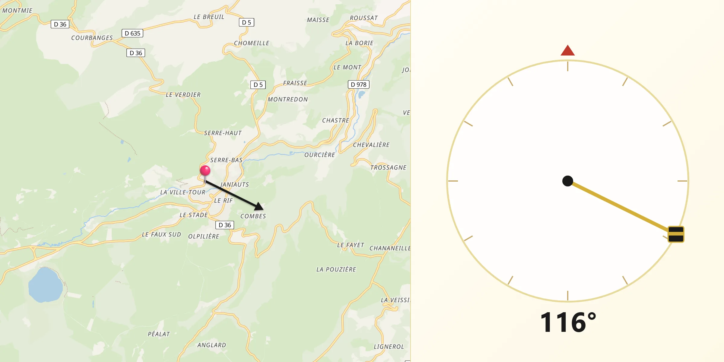 Direction vers la Qibla depuis Besse-et-Saint-Anastaise