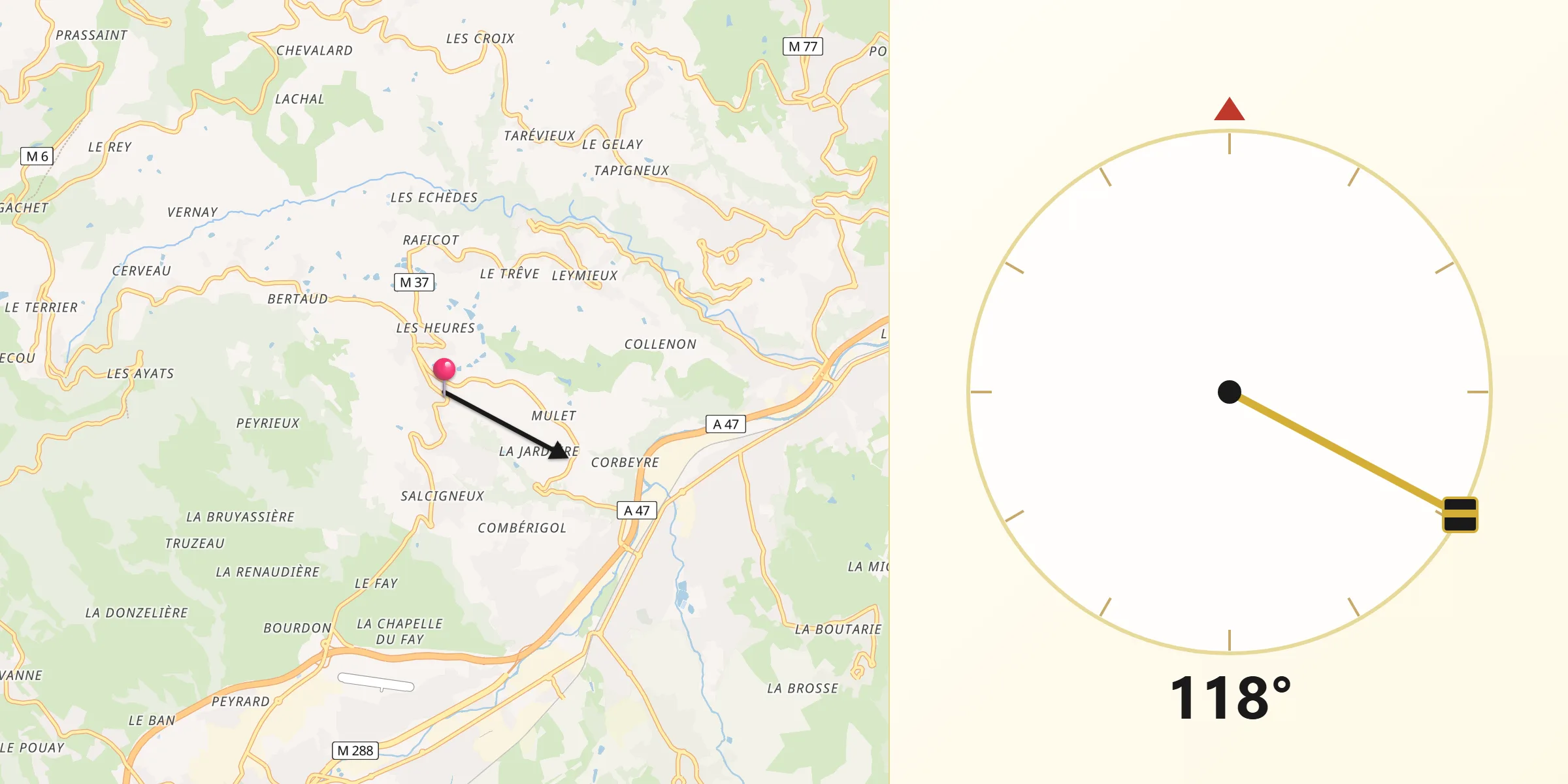 Direction vers la Qibla depuis Cellieu