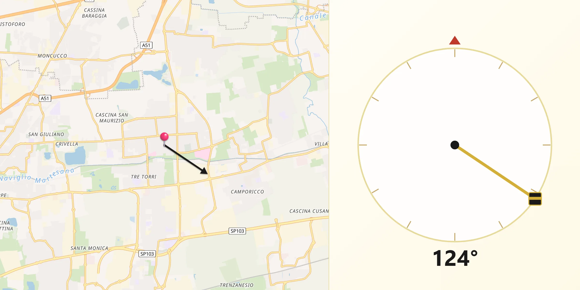 Direzione della Qibla da Cernusco sul Naviglio