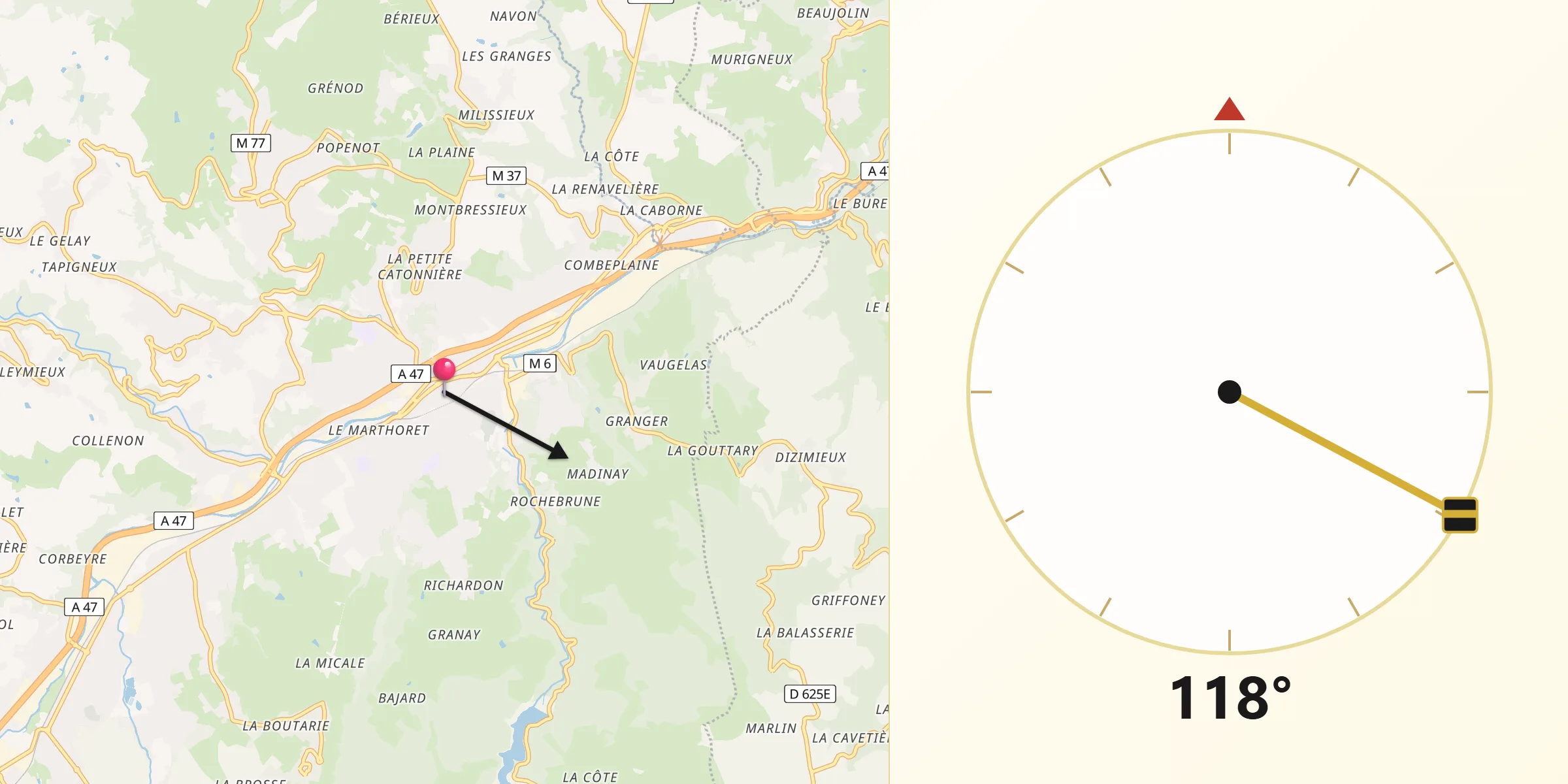Direction vers la Qibla depuis Rive-de-Gier