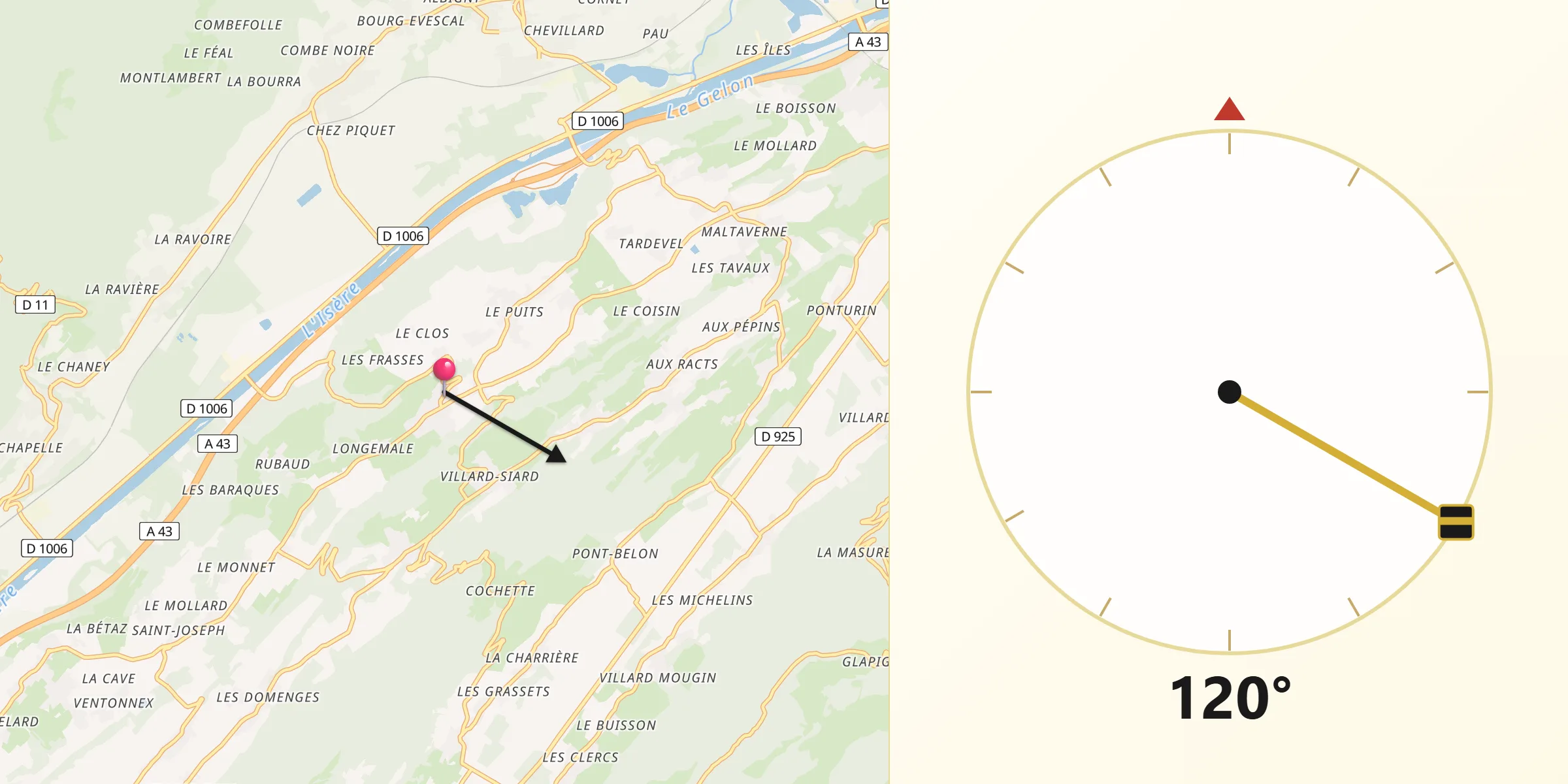 Direction vers la Qibla depuis Coise