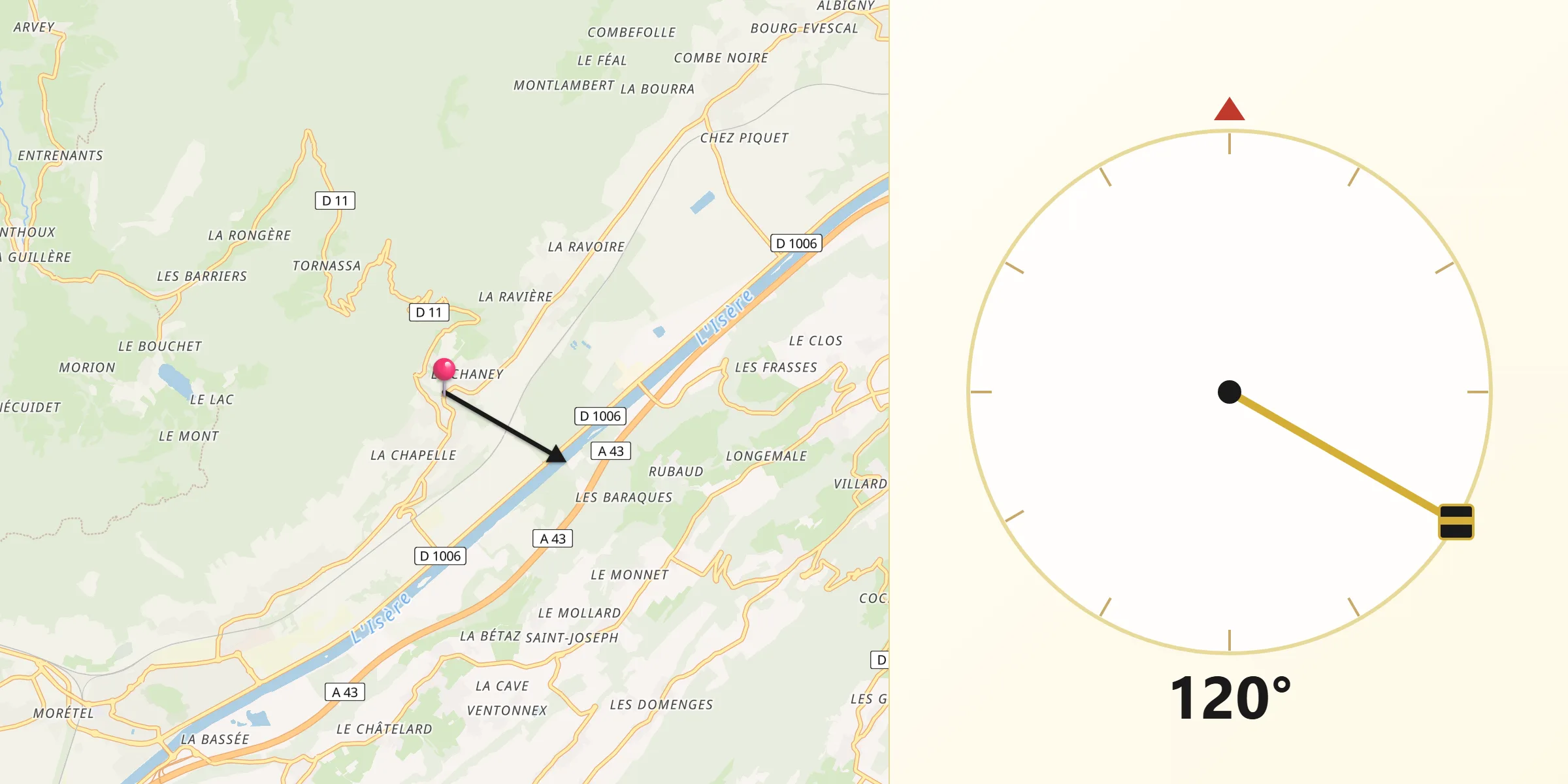 Direction vers la Qibla depuis Cruet