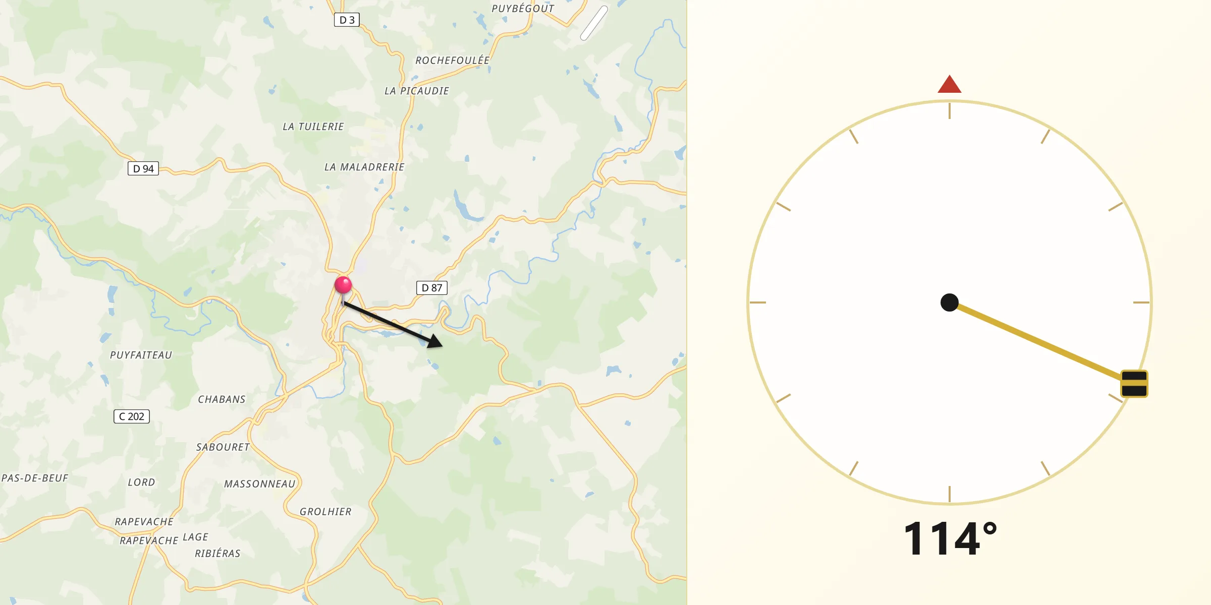 Direction vers la Qibla depuis Nontron
