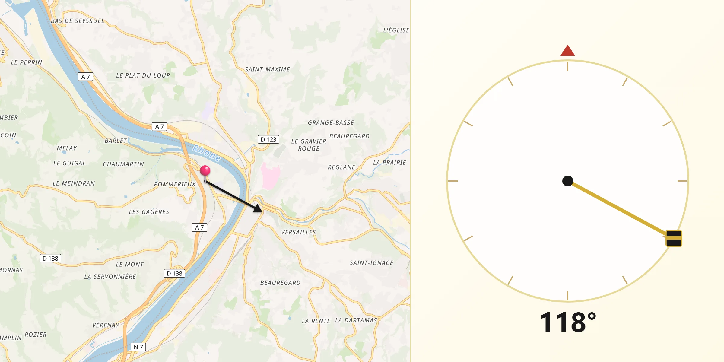 Direction vers la Qibla depuis Saint-Romain-en-Gal