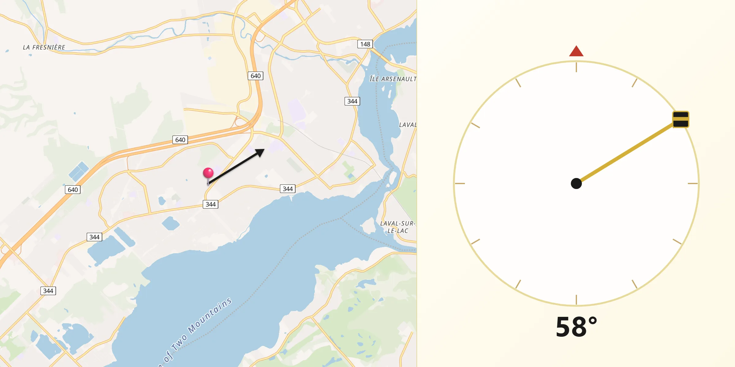 Qibla Direction from Sainte-Marthe-sur-le-Lac