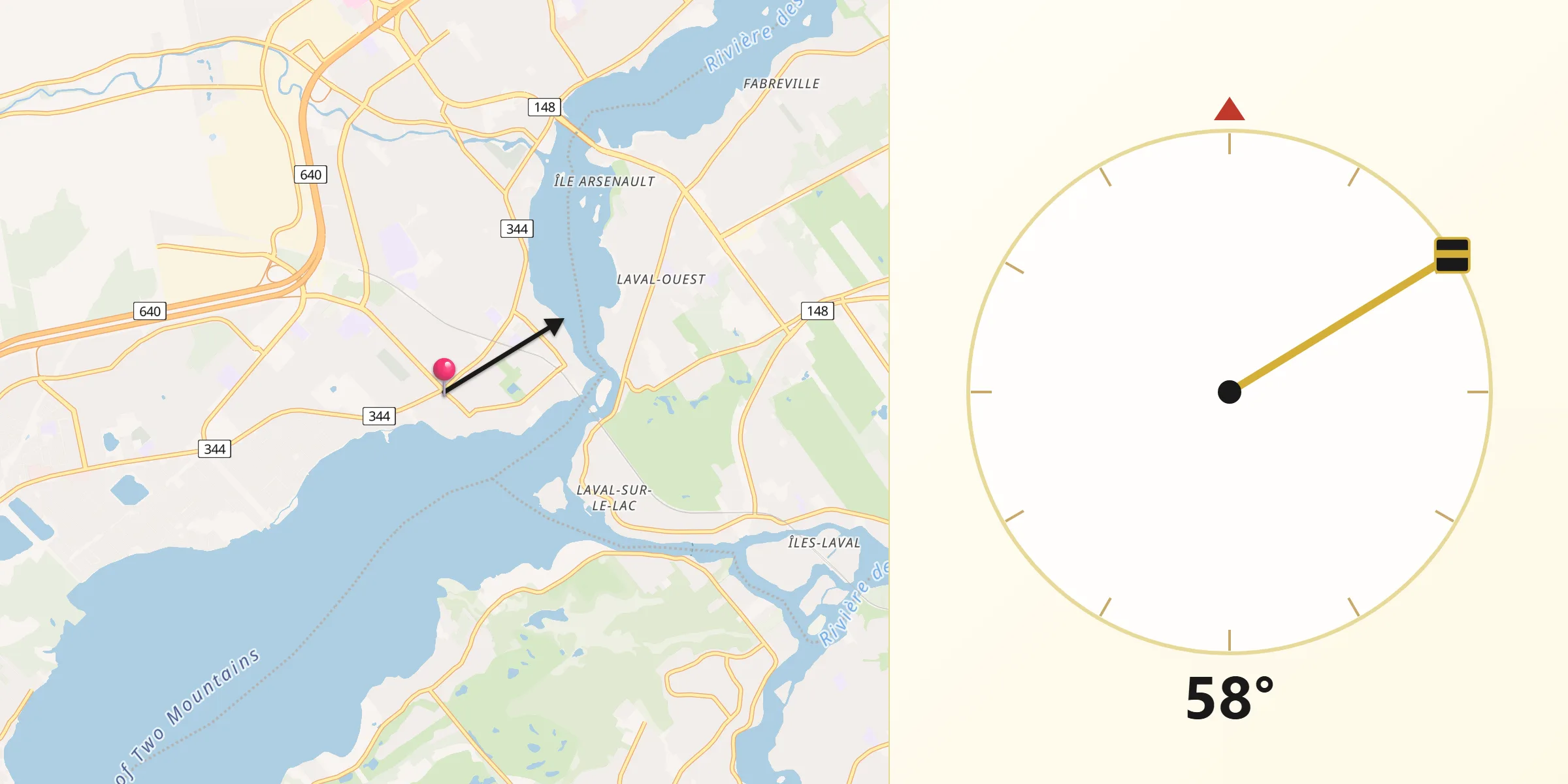 Qibla Direction from Deux-Montagnes