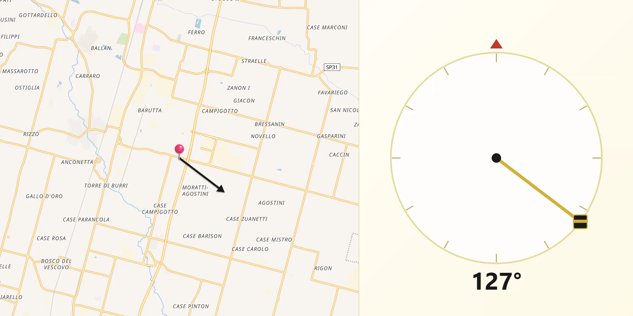Direzione della Qibla da Borgoricco-San Michele delle Badesse-Sant'Eufemia