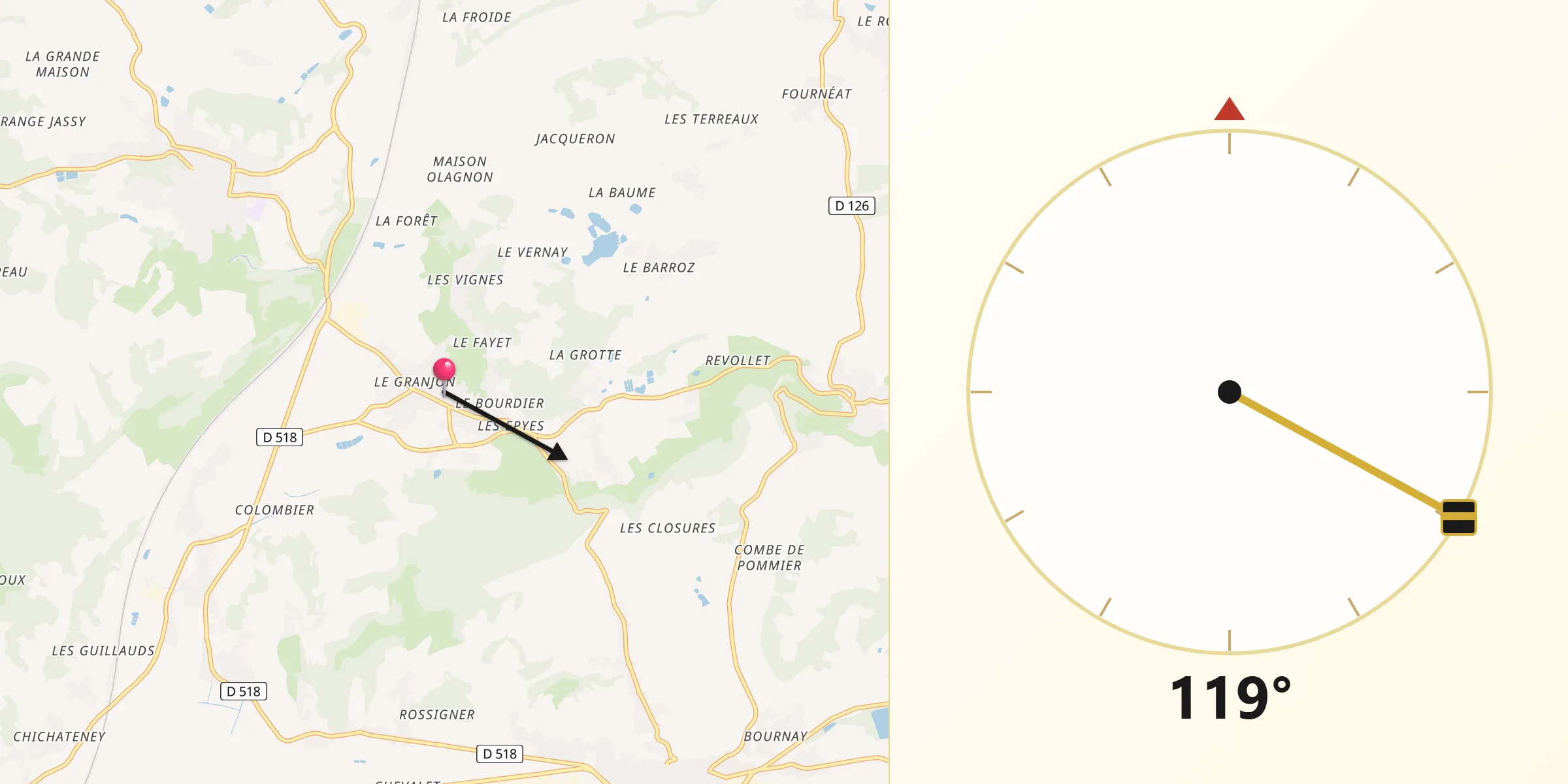 Direction vers la Qibla depuis Charantonnay