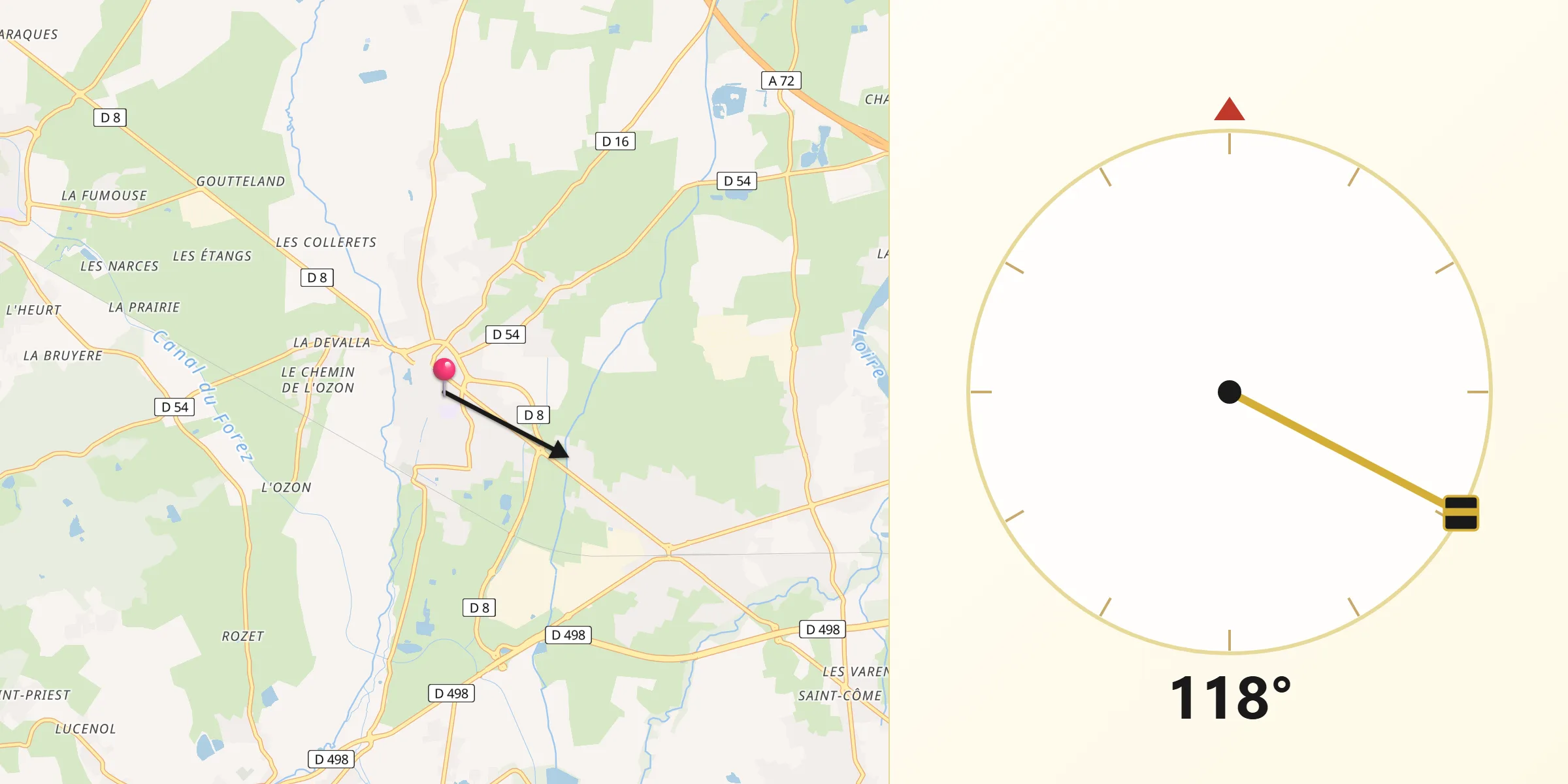 Direction vers la Qibla depuis Sury-le-Comtal