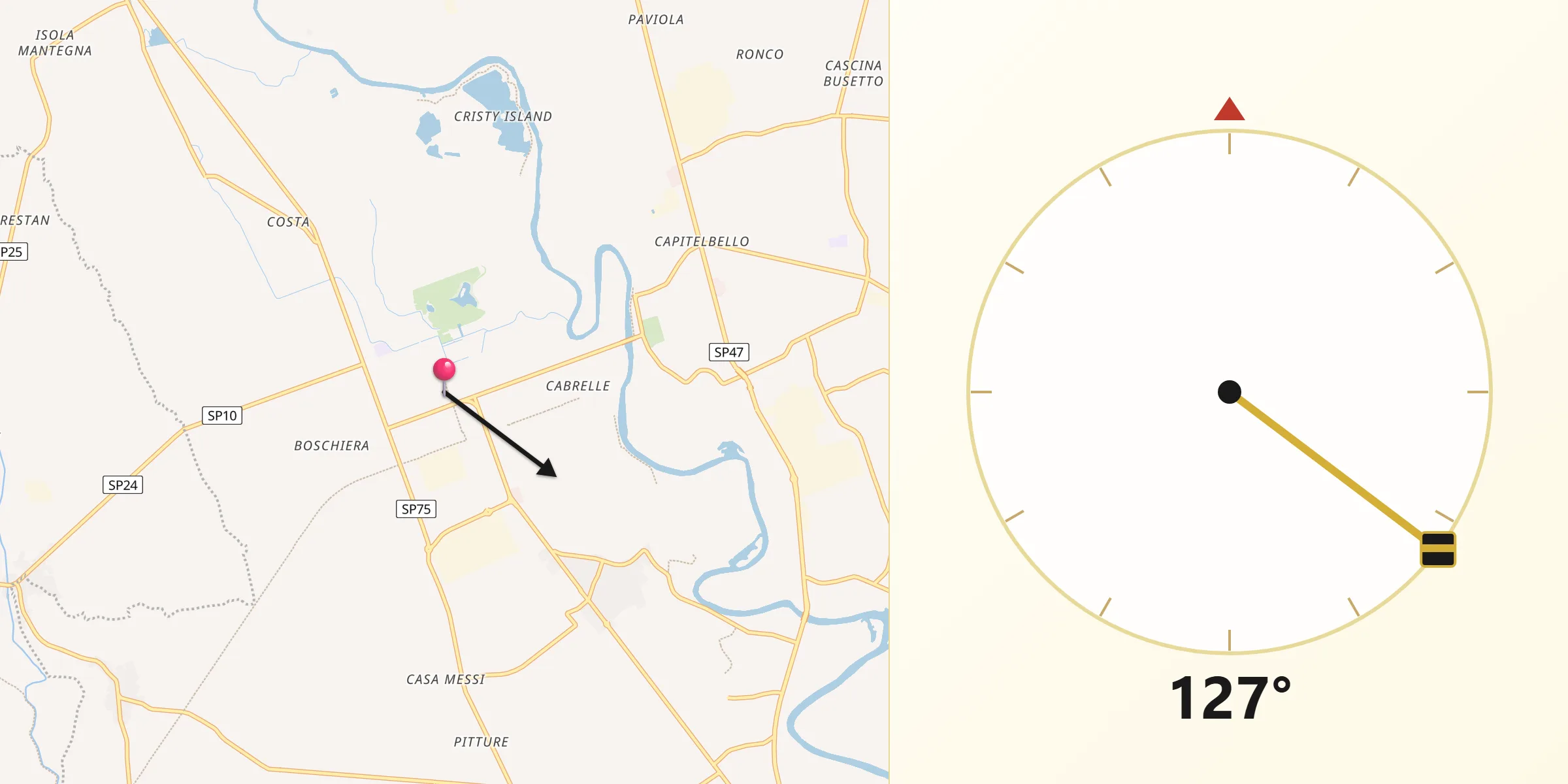 Direzione della Qibla da Piazzola sul Brenta