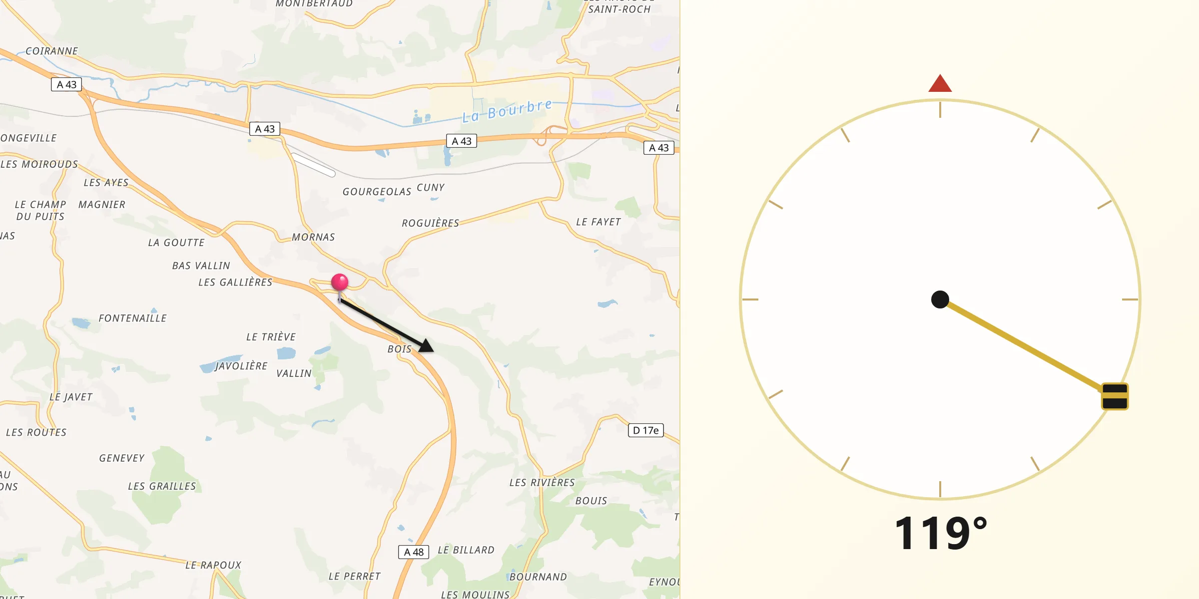 Direction vers la Qibla depuis Saint-Victor-de-Cessieu