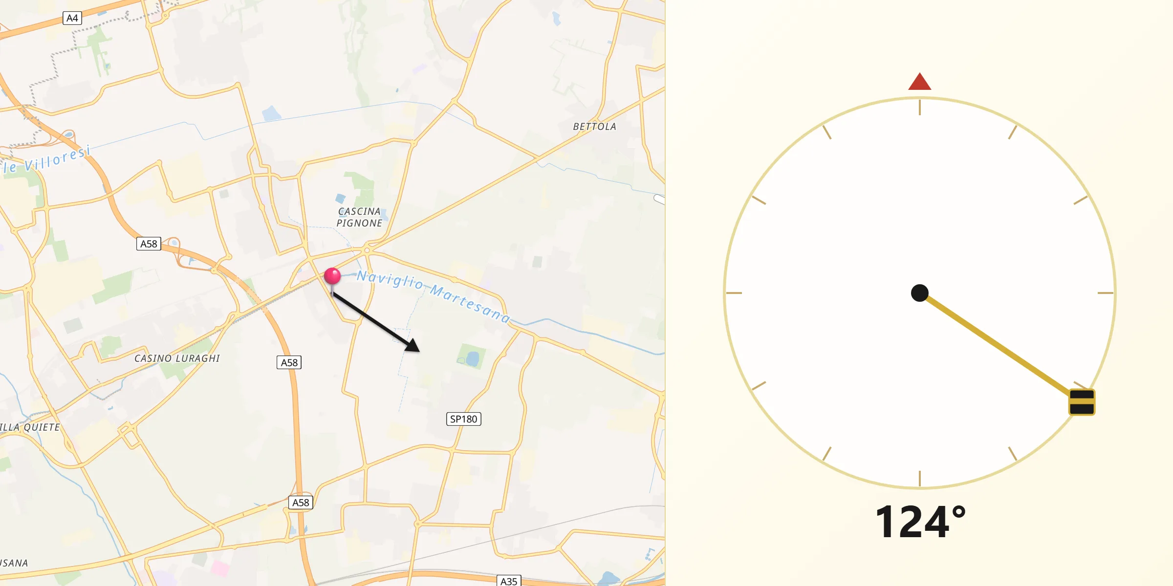 Direzione della Qibla da Bellinzago Lombardo