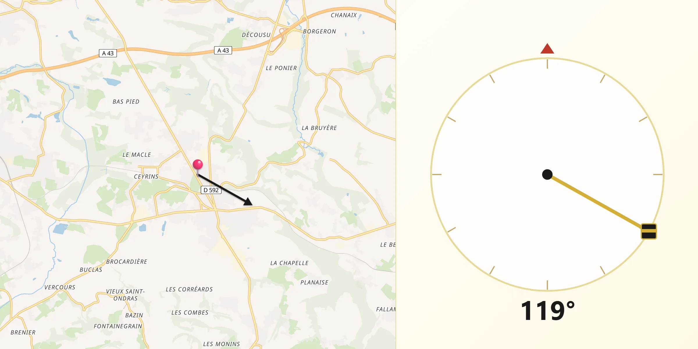 Direction vers la Qibla depuis Les Abrets