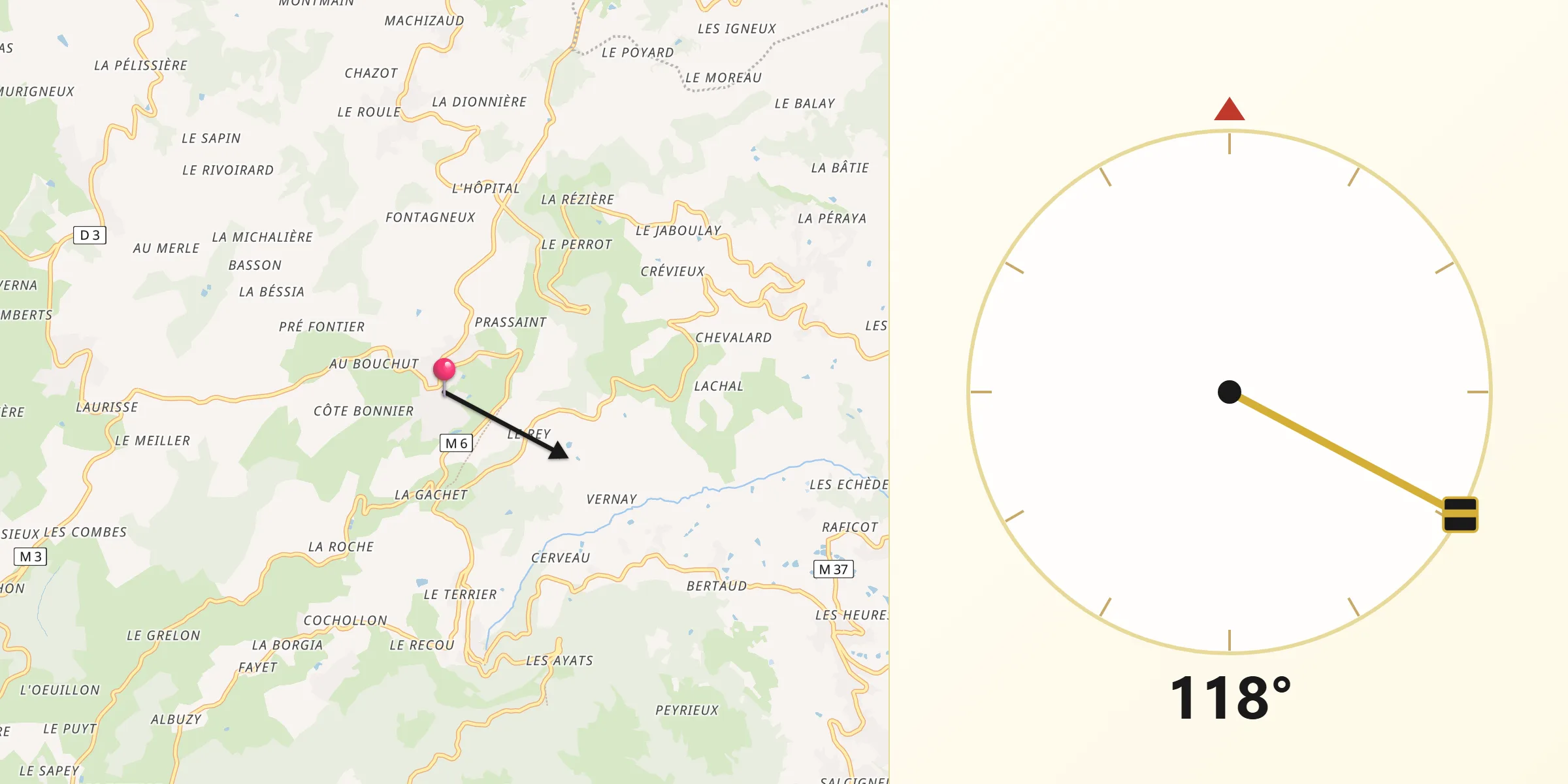 Direction vers la Qibla depuis Saint-Christo-en-Jarez