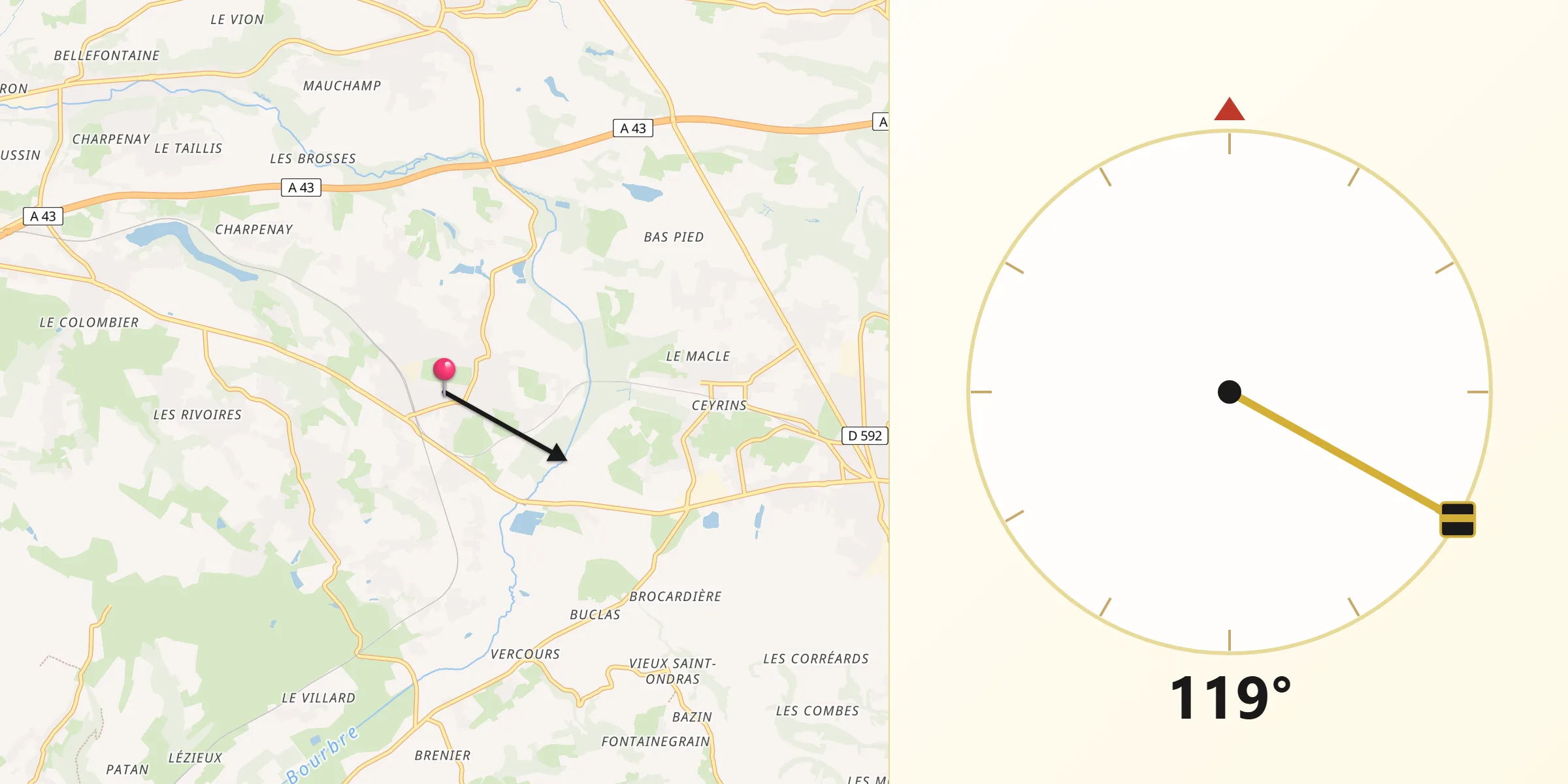 Direction vers la Qibla depuis Saint-André-le-Gaz