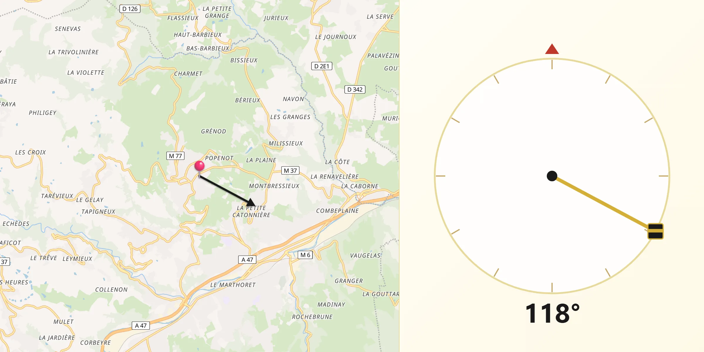 Direction vers la Qibla depuis Saint-Martin-la-Plaine