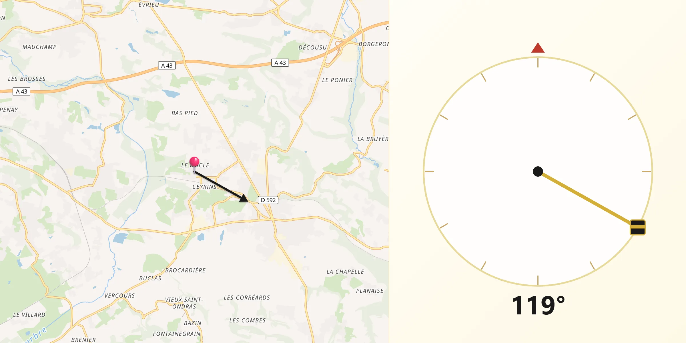Direction vers la Qibla depuis Fitilieu