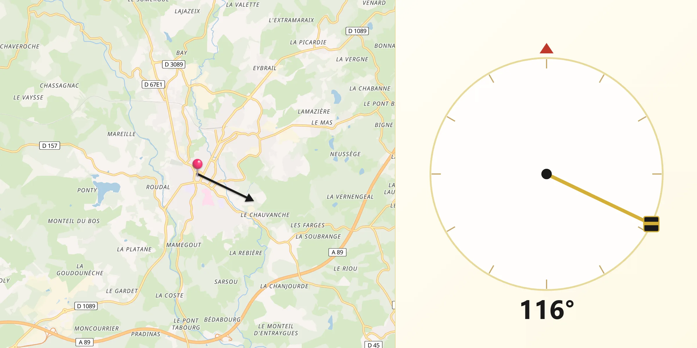 Direction vers la Qibla depuis Ussel