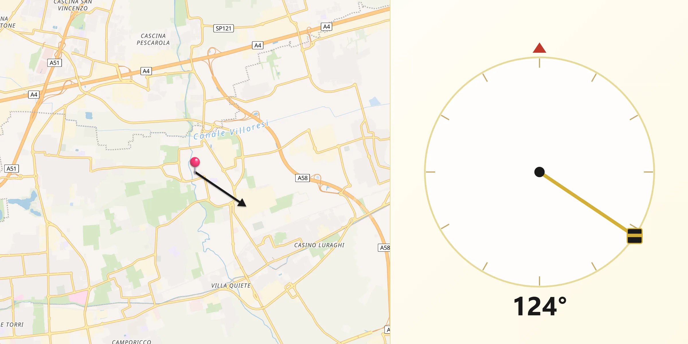 Direzione della Qibla da Pessano Con Bornago
