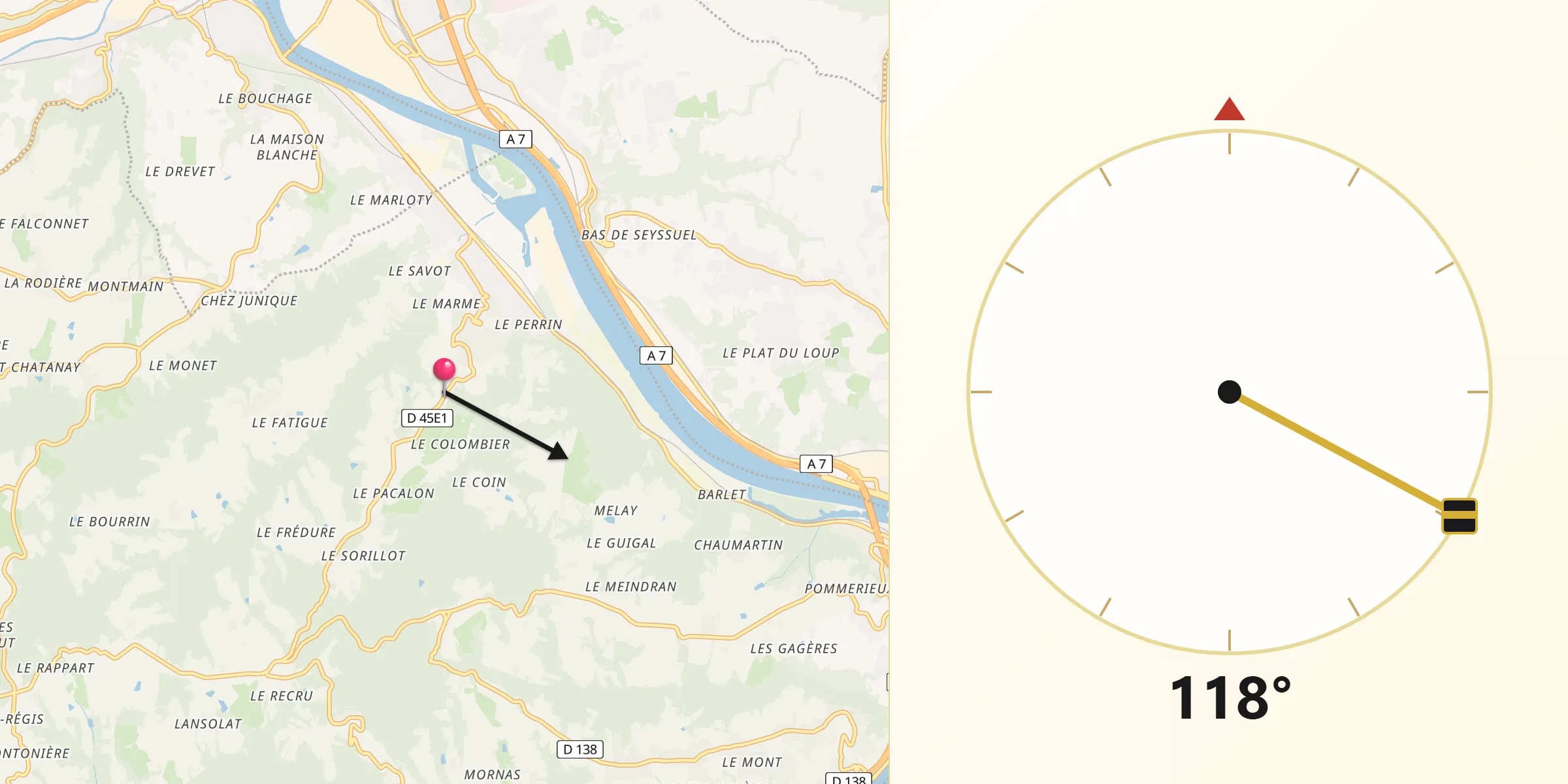 Direction vers la Qibla depuis Loire-sur-Rhône