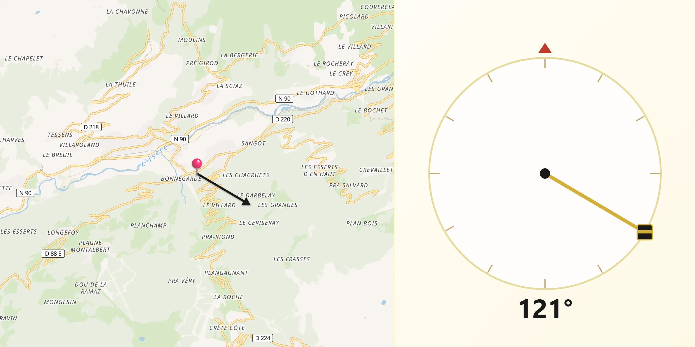 Direction vers la Qibla depuis Mâcot-la-Plagne