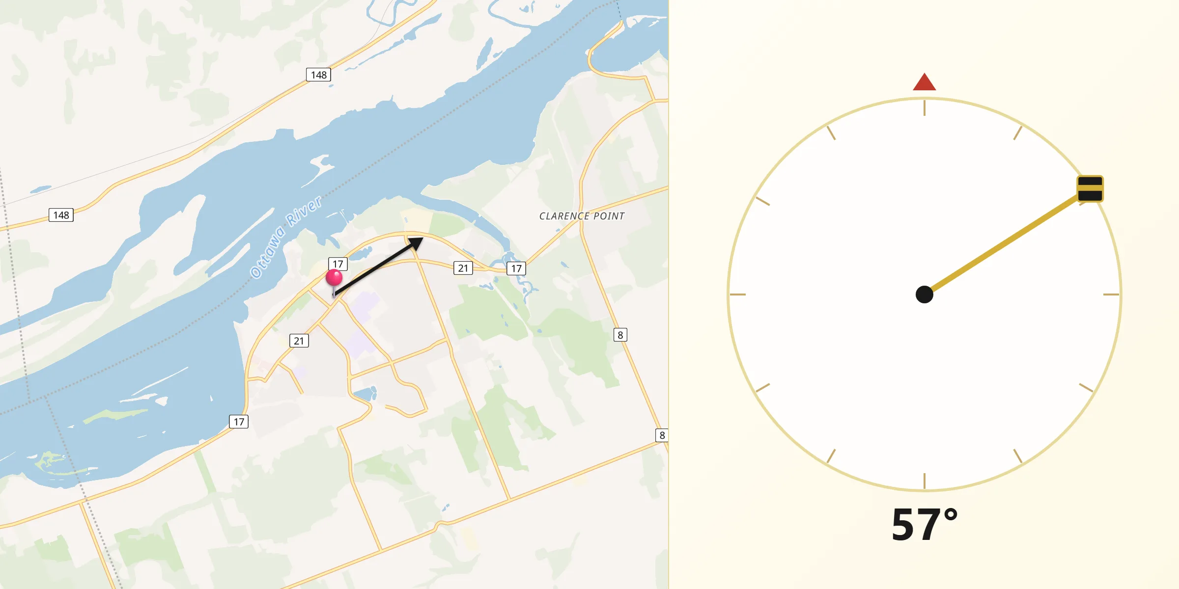 Qibla Direction from Clarence-Rockland