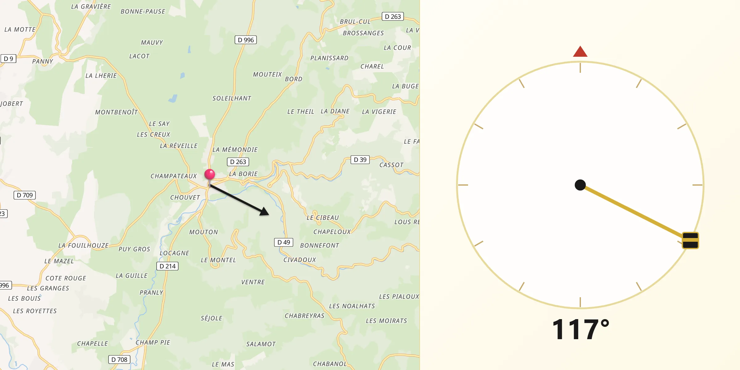 Direction vers la Qibla depuis Sauxillanges