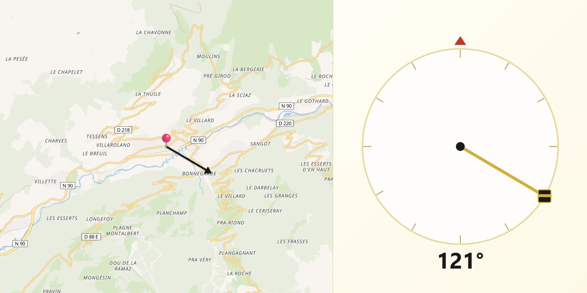 Direction vers la Qibla depuis Aime
