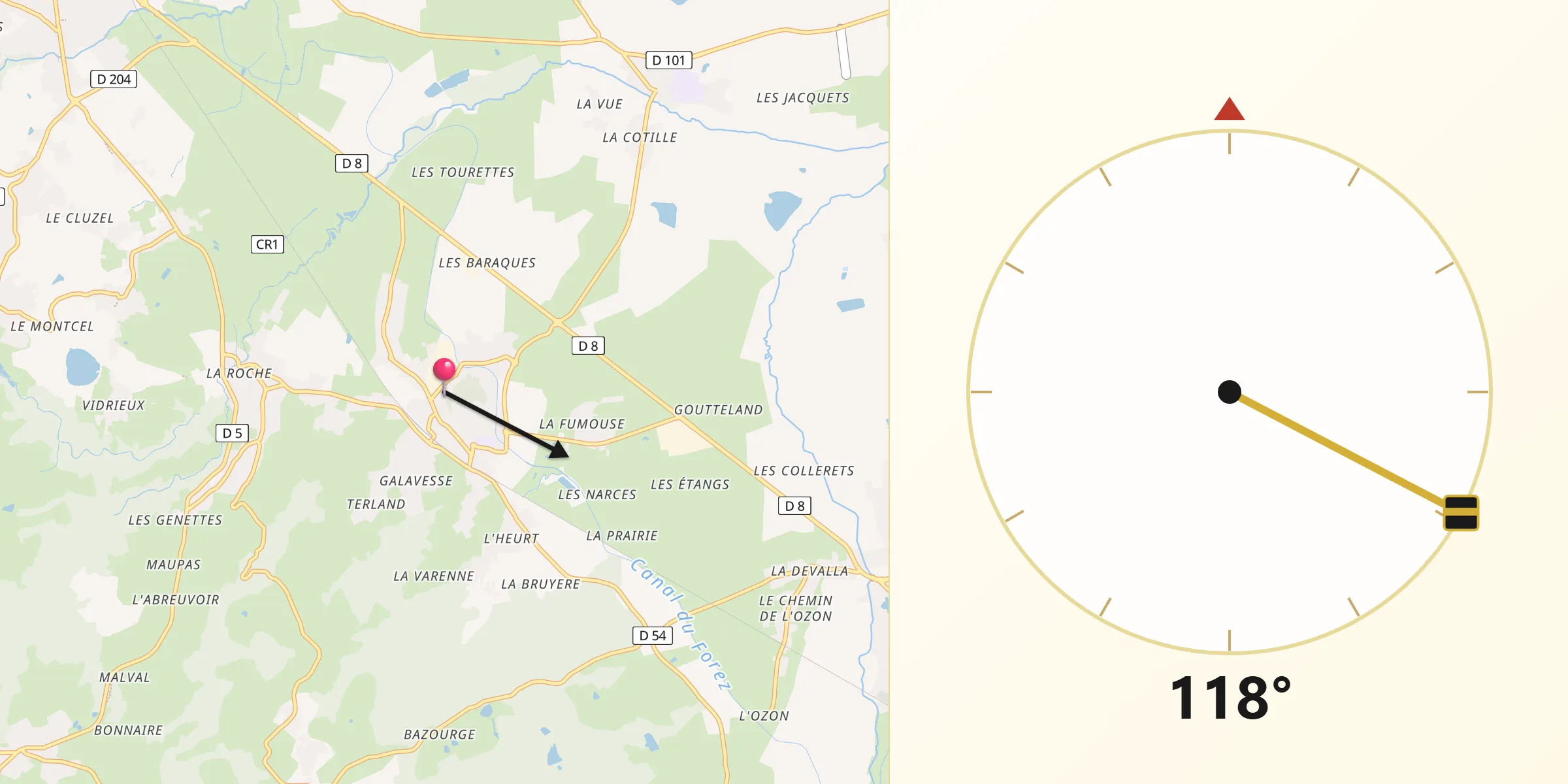 Direction vers la Qibla depuis Saint-Romain-le-Puy
