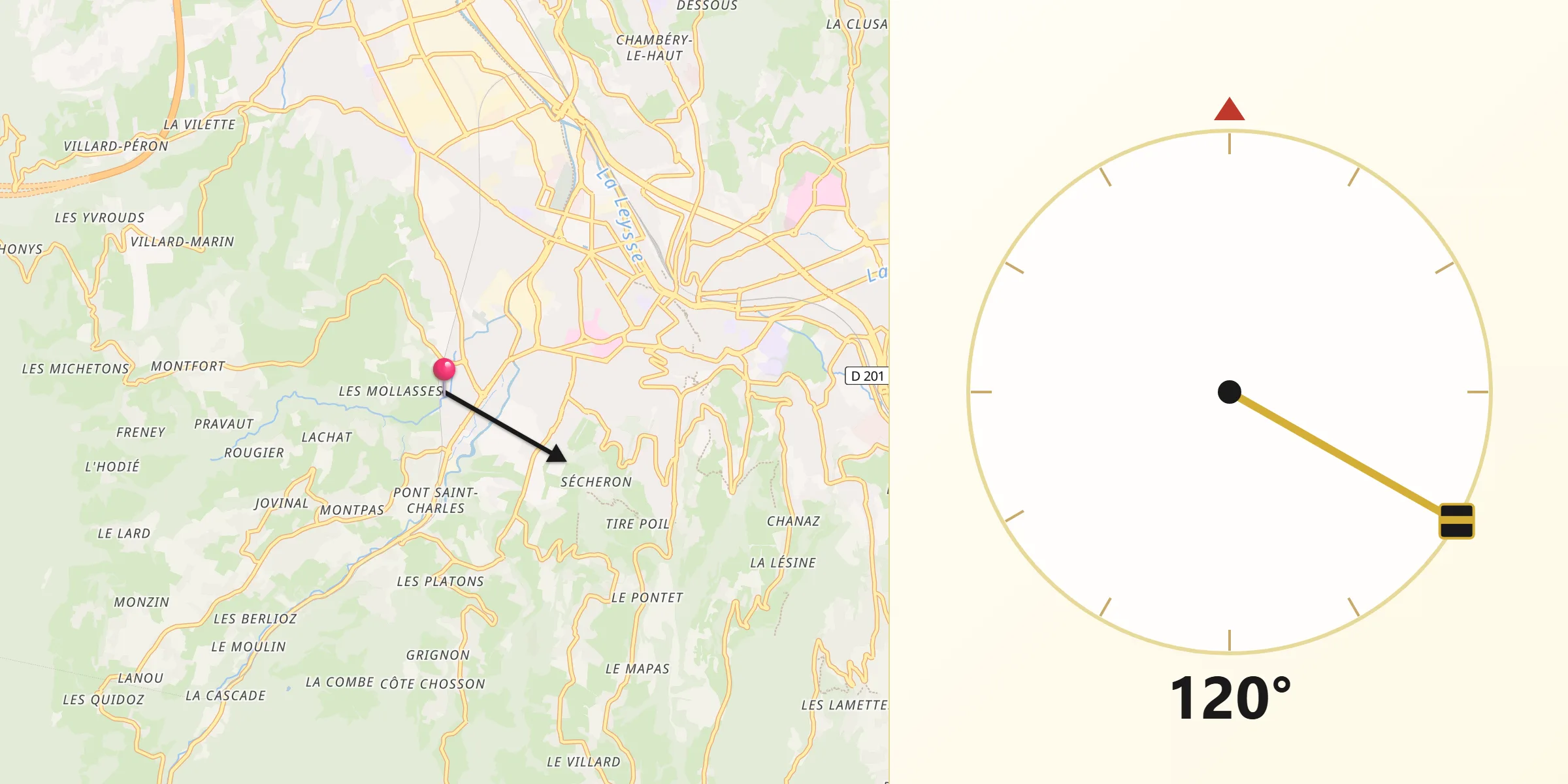 Direction vers la Qibla depuis Cognin