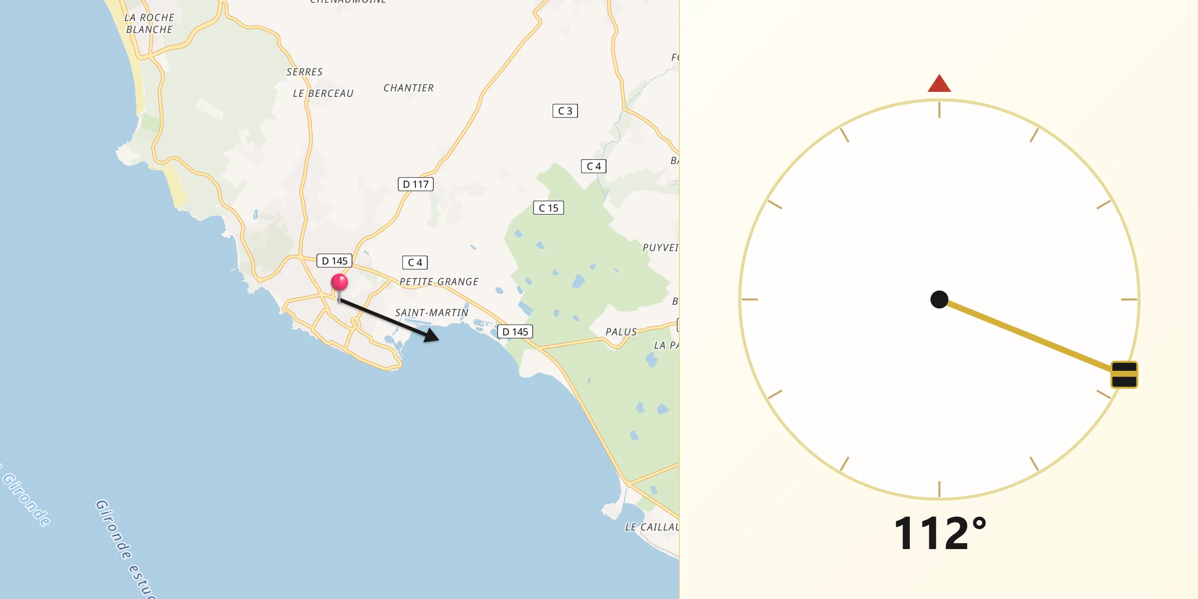 Direction vers la Qibla depuis Meschers-sur-Gironde