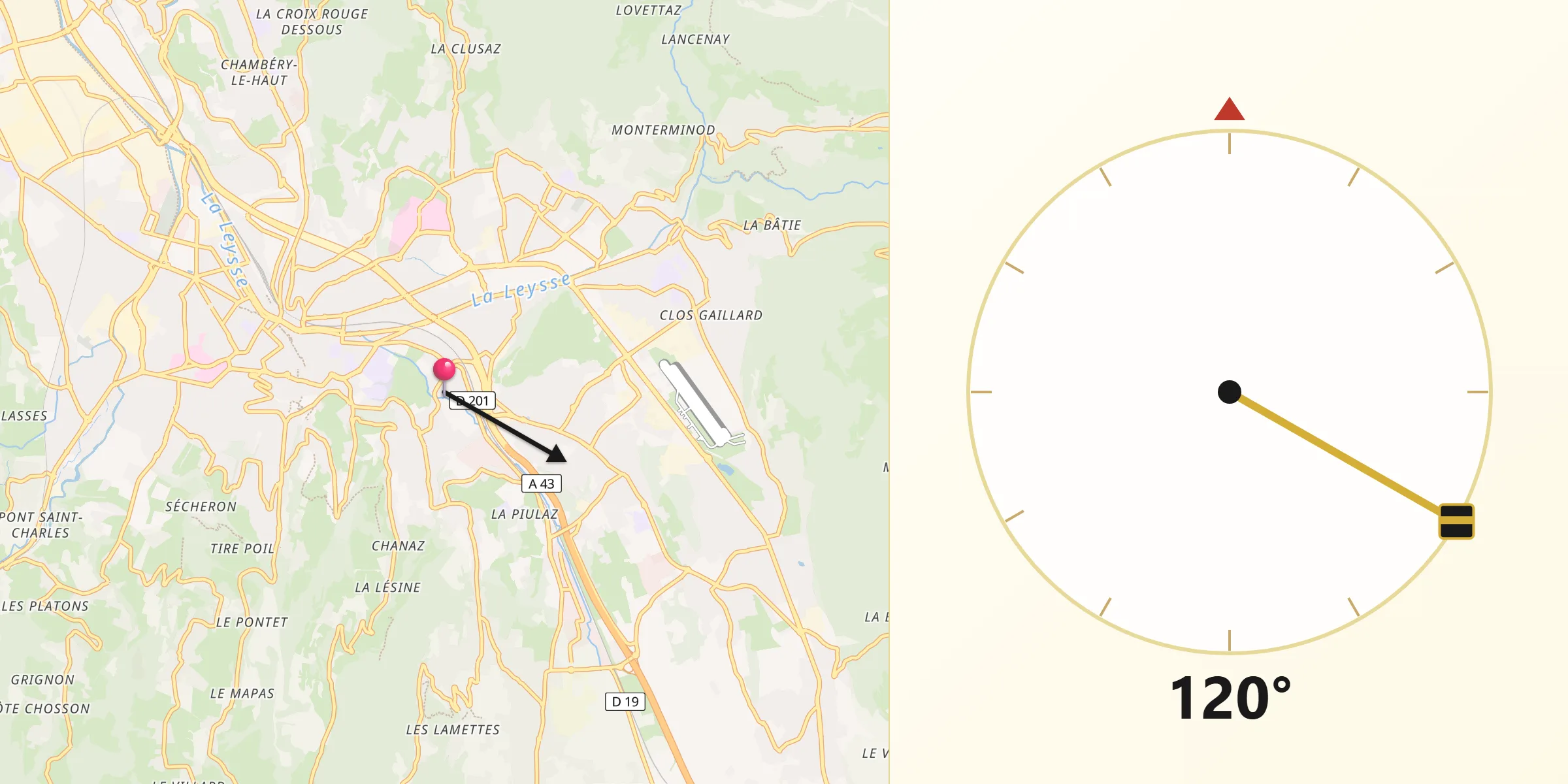 Direction vers la Qibla depuis Barberaz