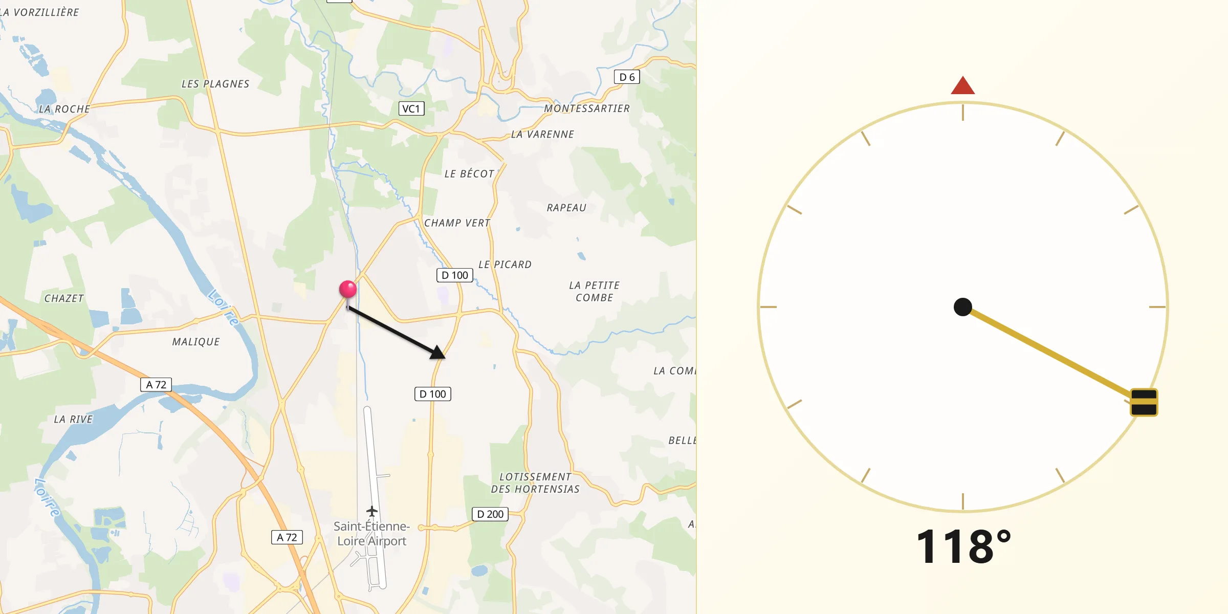 Direction vers la Qibla depuis Veauche
