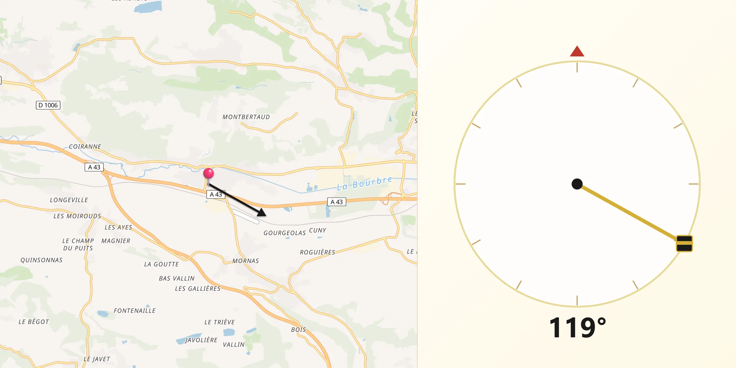 Direction vers la Qibla depuis Cessieu
