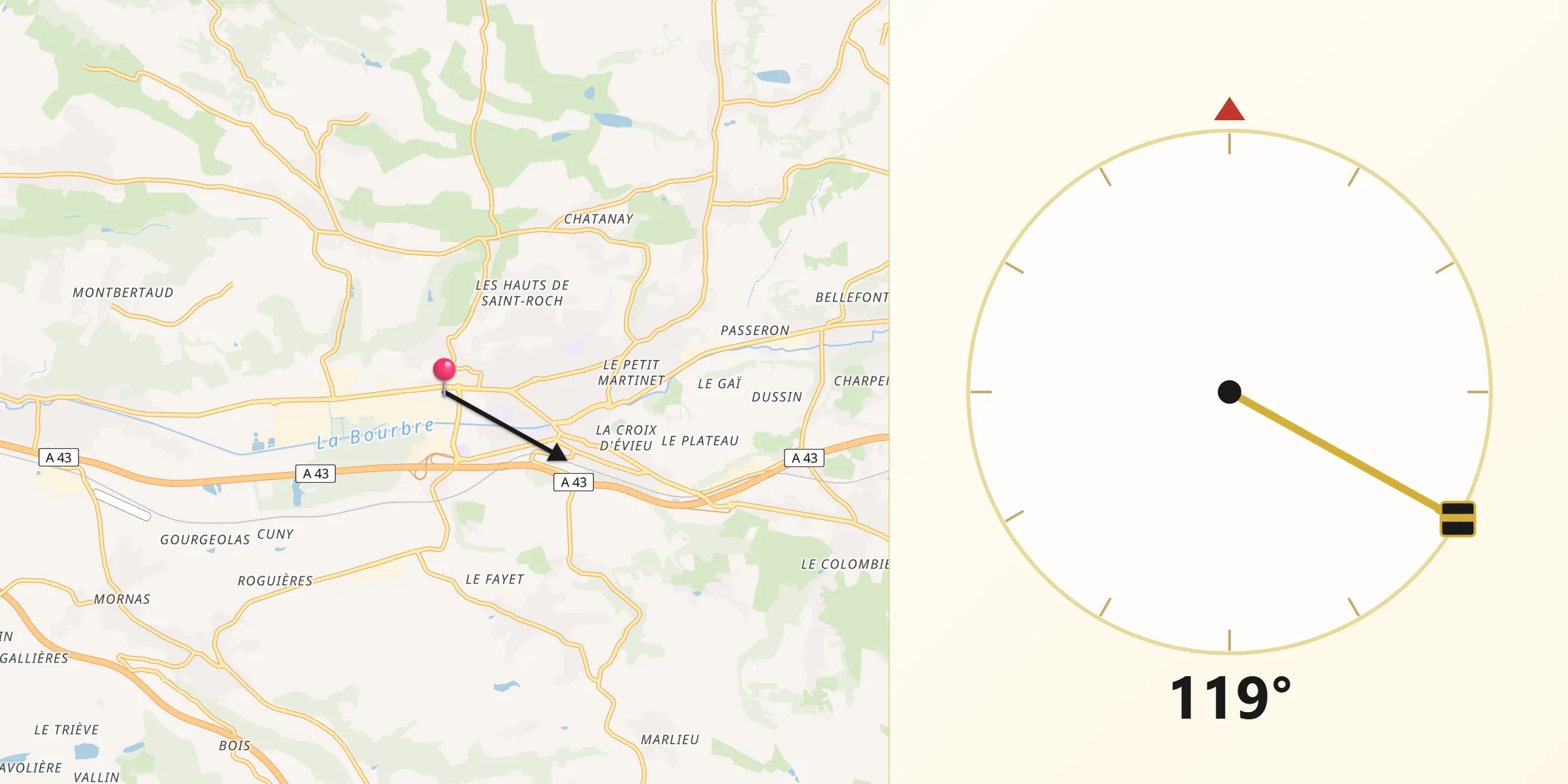 Direction vers la Qibla depuis Saint-Jean-de-Soudain