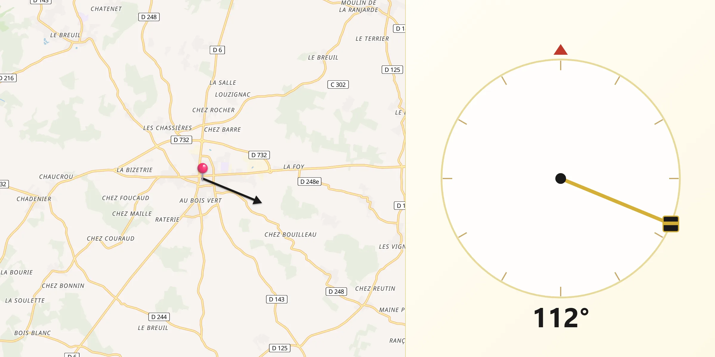 Direction vers la Qibla depuis Gémozac