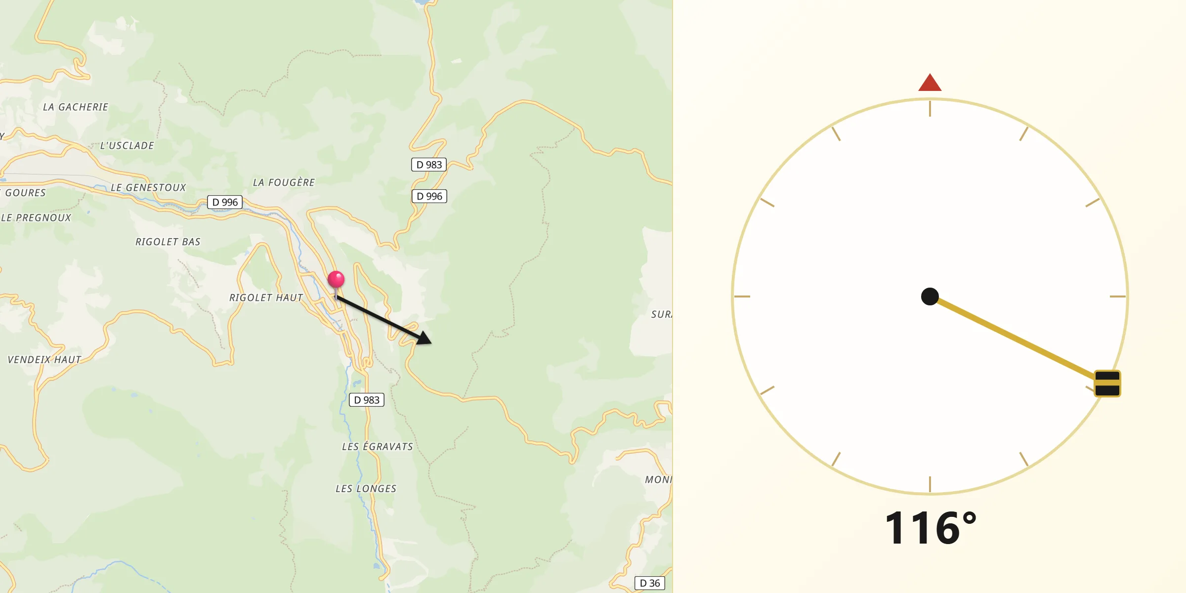 Direction vers la Qibla depuis Mont-Dore