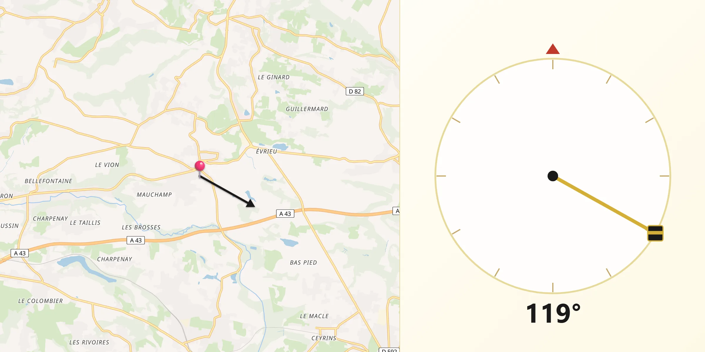 Direction vers la Qibla depuis La Bâtie-Montgascon