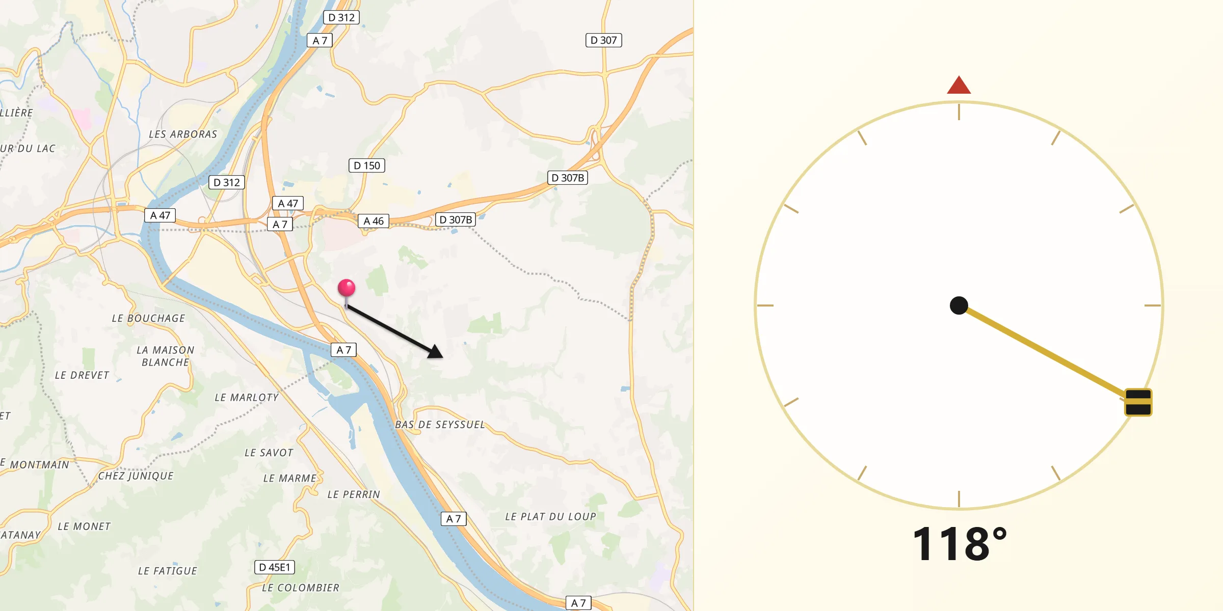 Direction vers la Qibla depuis Chasse-sur-Rhône