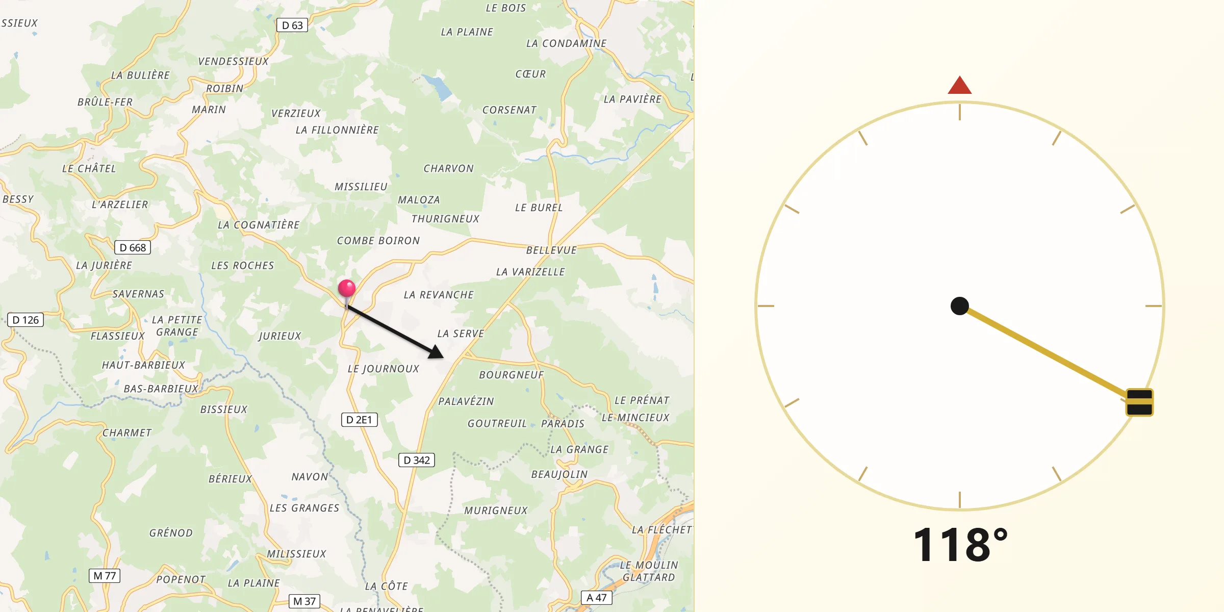 Direction vers la Qibla depuis Saint-Maurice-sur-Dargoire