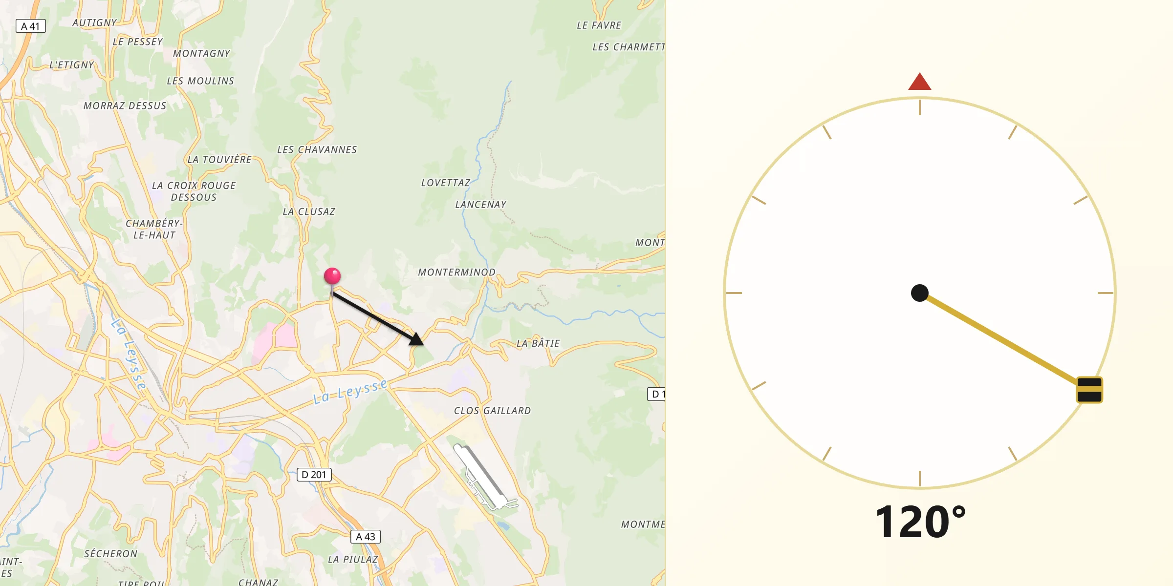 Direction vers la Qibla depuis Saint-Alban-Leysse