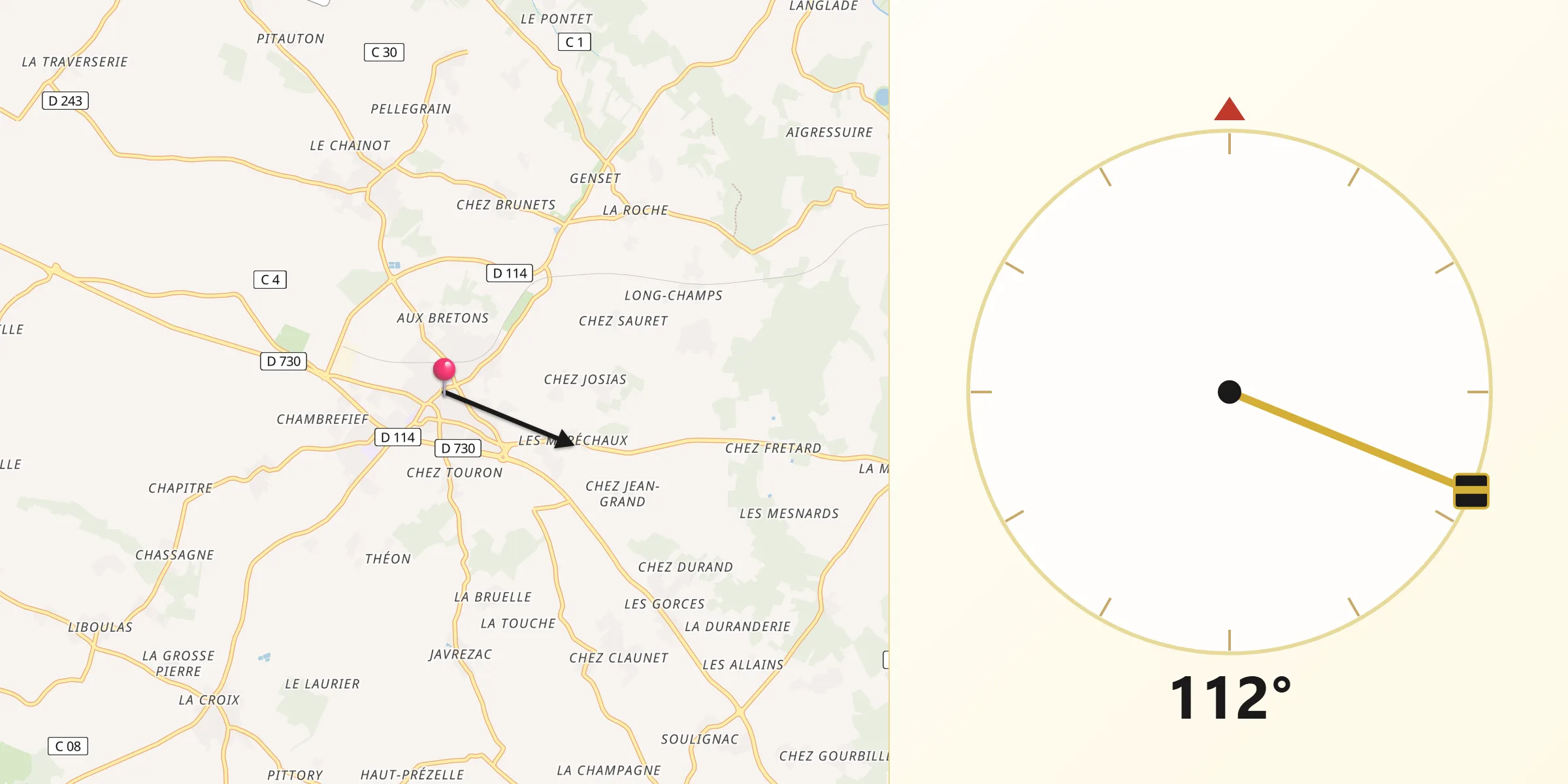 Direction vers la Qibla depuis Cozes
