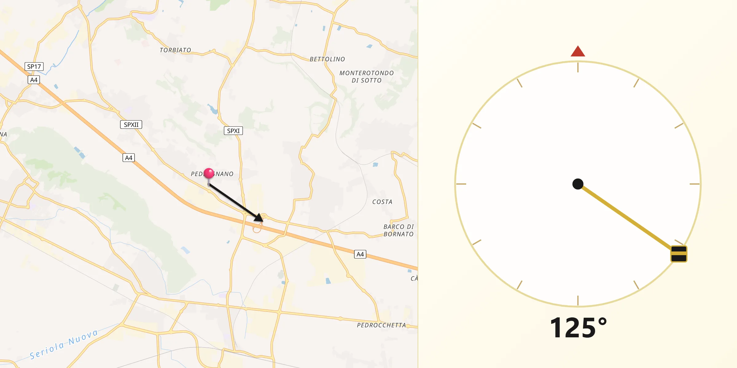 Direzione della Qibla da Villa Pedergnano