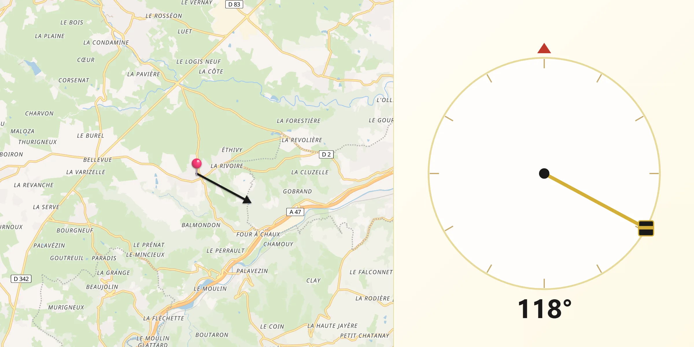 Direction vers la Qibla depuis Saint-Andéol-le-Château