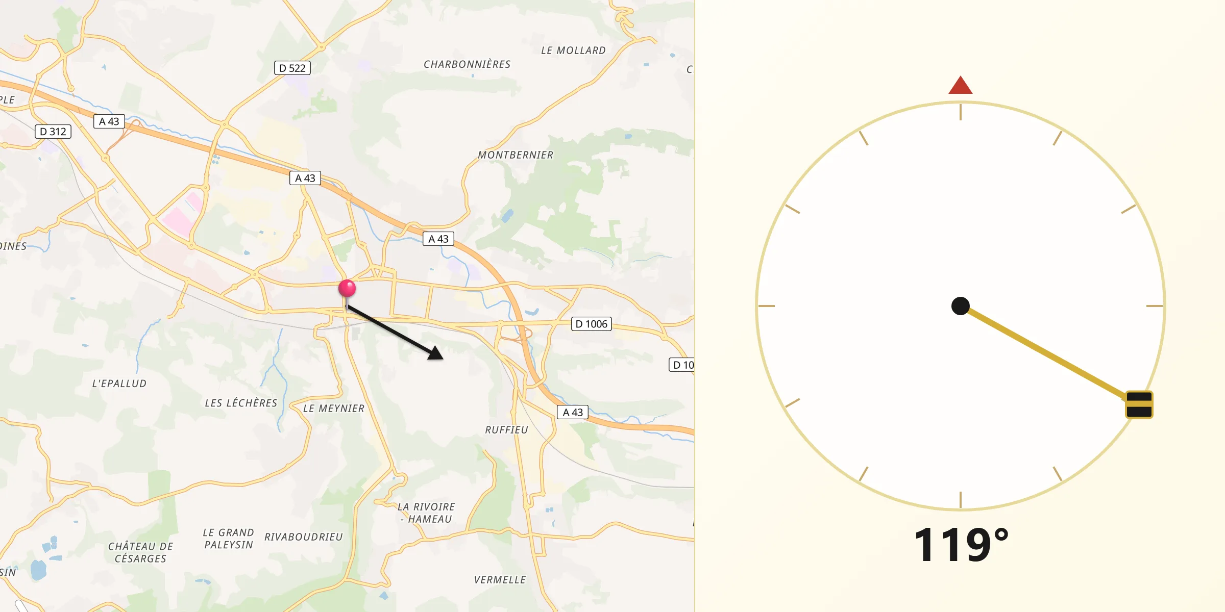 Direction vers la Qibla depuis Bourgoin-Jallieu