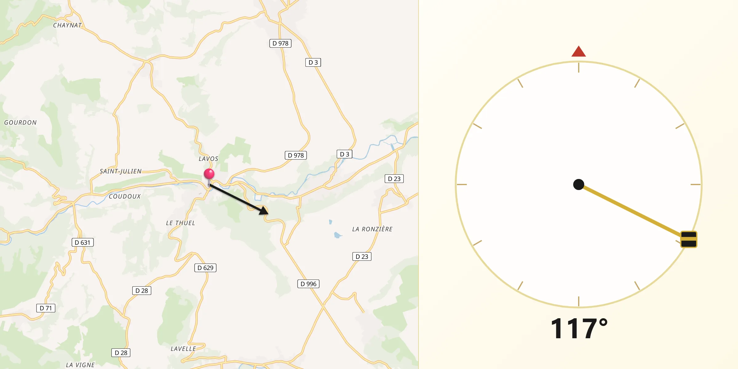 Direction vers la Qibla depuis Champeix