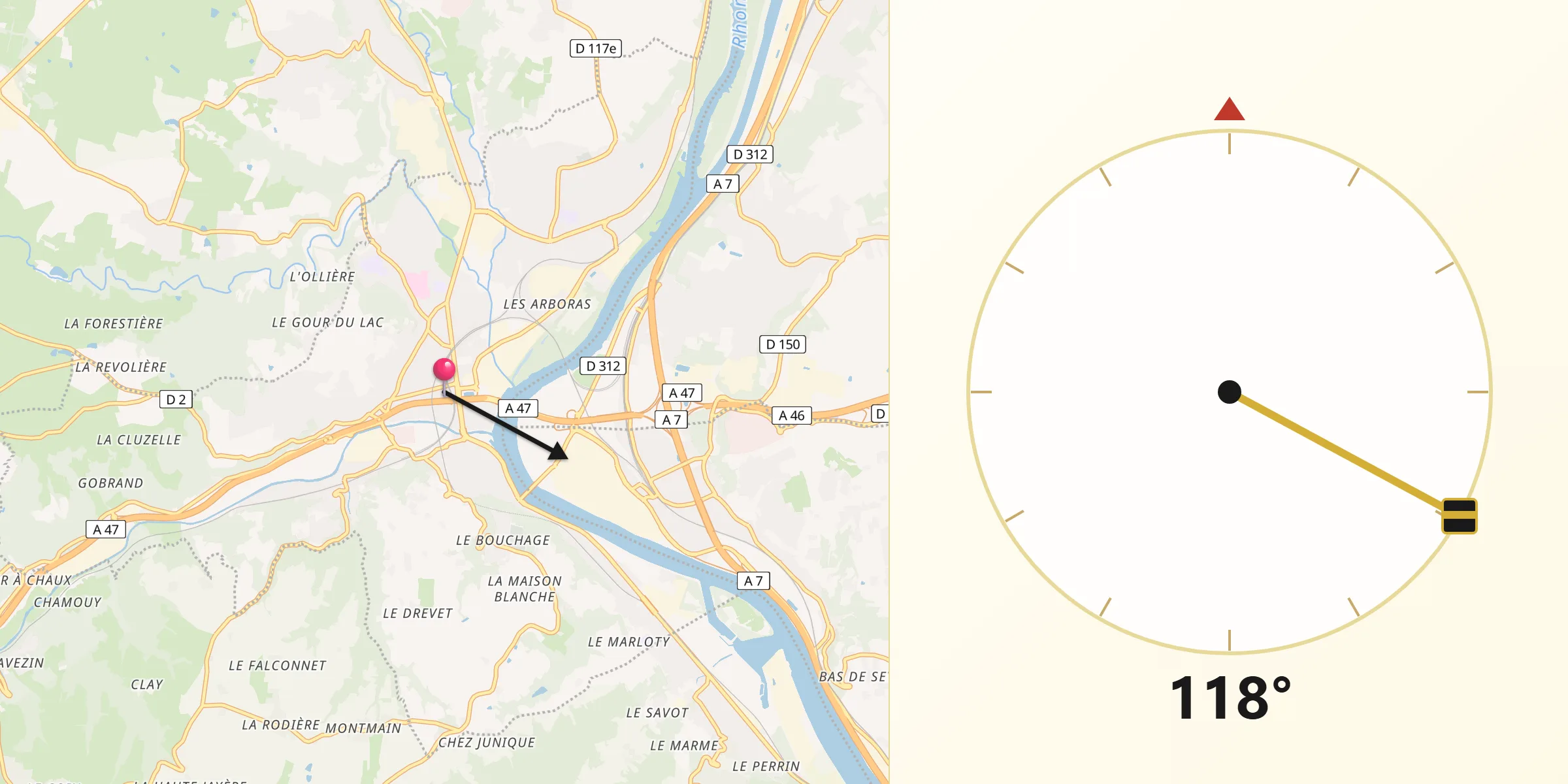 Direction vers la Qibla depuis Givors